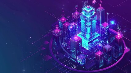 Poster - Smart city and communication network concept. Futuristic smart city isometric background with digital hologram of building. Futuristic urban technology. Technology Background. Smartcity buildings. IOT