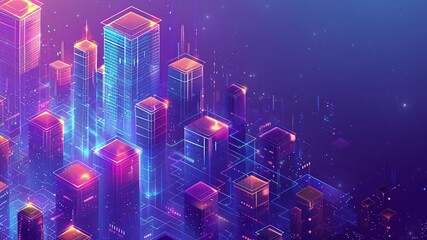 Poster - Smart city and communication network concept. Futuristic smart city isometric background with digital hologram of building. Futuristic urban technology. Technology Background. Smartcity buildings. IOT