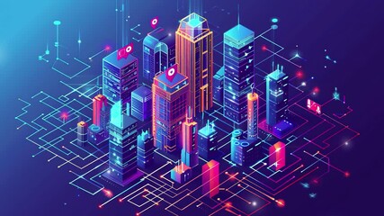 Poster - Smart city and communication network concept. Futuristic smart city isometric background with digital hologram of building. Futuristic urban technology. Technology Background. Smartcity buildings. IOT