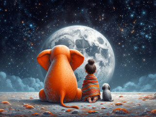 orange elephant, girl and dog sitting on the moon