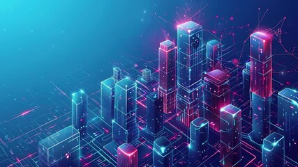 Poster - Smart city and communication network concept. Futuristic smart city isometric background with digital hologram of building. Futuristic urban technology. Technology Background. Smartcity buildings. IOT