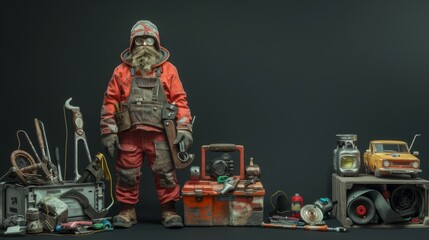 An individual wearing a detailed mechanical suit, surrounded by an array of various tools, gadgets, and components, indicating a focus on engineering or technical work.