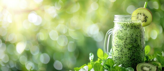 Canvas Print - Refreshing Kiwi Smoothie in a Jar with a Slice of Kiwi