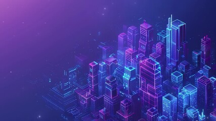 Poster - Smart city and communication network concept. Futuristic smart city isometric background with digital hologram of building. Futuristic urban technology. Technology Background. Smartcity buildings. IOT