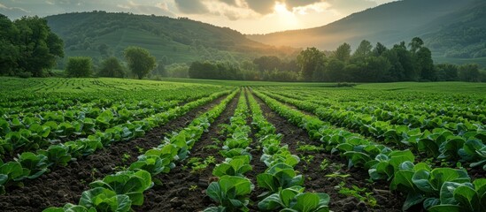 Canvas Print - Sunset Over a Lush Green Field of Crops