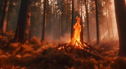 Wall Mural - The fire burning in the forest spread in a wide area 4k animation