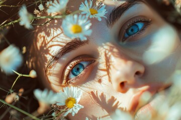 Sticker - Serene and peaceful woman with blue eyes surrounded by vibrant daisies and other fresh flowers in a natural outdoor setting