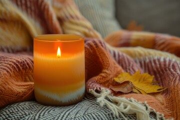 Poster - Warm, lit candle sits beside a vibrant autumn leaf on textured, cozy knit blankets