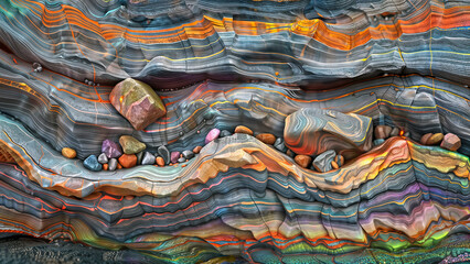 Wall Mural - Geologic Rainbow.  A vibrant display of layered rock formations with a variety of stones.