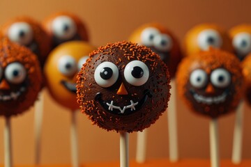 A collection of chocolate cake pops decorated to look like smiling faces with googly eyes