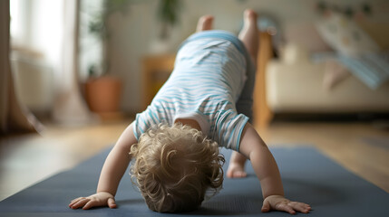 Poster - 3 year old child trying to do downward facing dog yoga pose on a yoga mat