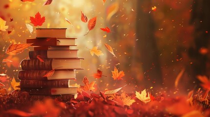 Sticker - Autumn Leaves and Books Stacked in Forest