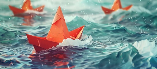 Wall Mural -  Several origami paper boats floating on a puddle with a blur effect background