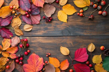 Sticker - Vibrant display of autumn leaves and berries arranged on a rustic wood surface