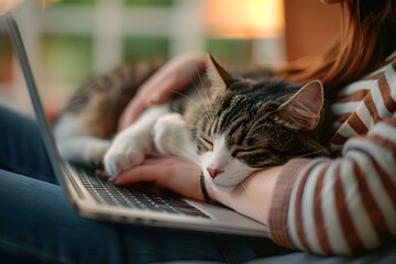 Canvas Print - Close-up photo of young woman using laptop and stroking her cat while her cat taking nap next to her in backyard at home