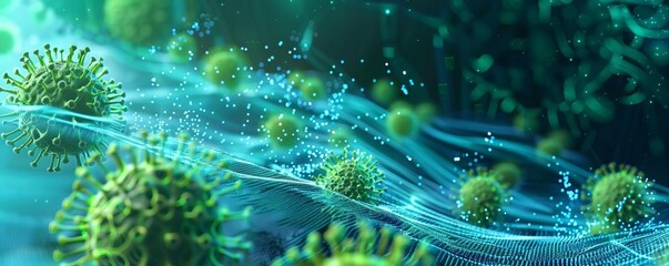 A swarm of digital virus particles swarming over a virtual landscape, disrupting data flow, Scifi, Illustration, Green and blue palette, High detail