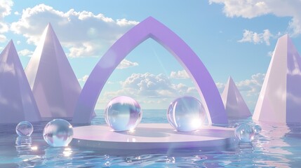 Wall Mural - Abstract 3D Scene with Pyramids, Arch, and Glass Spheres