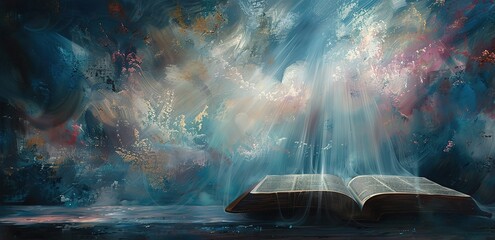 Wall Mural - Illustration of an open book on a table with an abstract cloud background