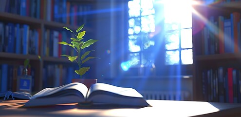 Wall Mural - An open book on a table in a room with light from a glass window