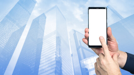 Poster - Phone is in hands of businessman. Smartphone with white screen. Phone mock up. Mobile gadget near skyscrapers. Phone number for business offers. Copy space. Manager smartphone. Website space