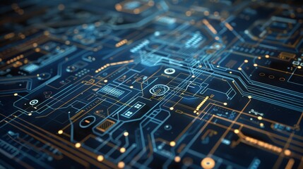 Poster - A detailed view of a digital circuit board displaying advanced technology and complex electrical paths
