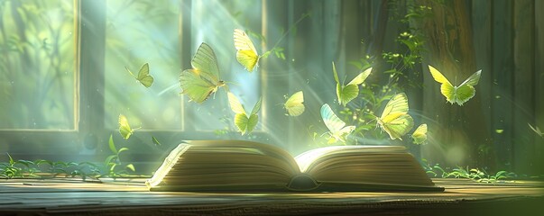 Wall Mural -  Illustration of an open book surrounded by butterflies in a room with light shining from behind