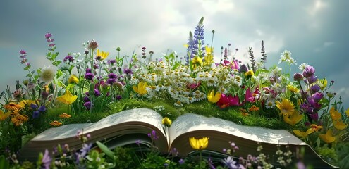 Wall Mural -  Illustration of an open book in a park with a cloudy sky in the background