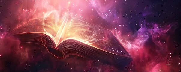 Wall Mural -  Illustration of an open book emitting a shining yellow light on a black misty pink background
