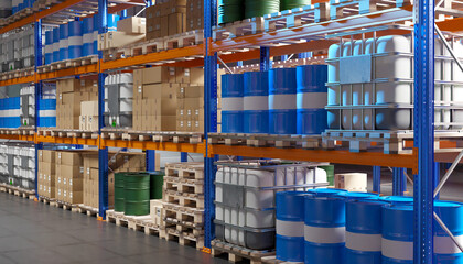 Poster - logistics warehouse. storage with barrels and boxes. long warehouse rack. parcels and containers are