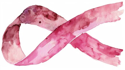 An abstract watercolor artwork depicting a pink ribbon forming a loop, representing the unending support and awareness for breast cancer in a modern and artistic style.