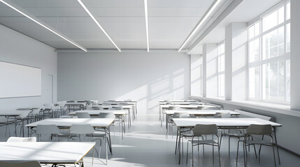 Wall Mural - A large, empty classroom with white walls and yellow chairs