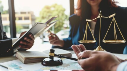 Three individuals, likely lawyers, are in a focused discussion in an office setting, accompanied by scales of justice and a gavel, emphasizing legal deliberations and authority.