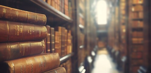 Wall Mural - Stacks of books in the library with light shining from behind