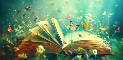 Wall Mural - An open book in a garden with several butterflies and flowers above and around it