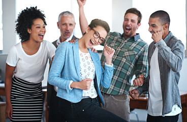 Poster - Team building, happy and celebration in office for business, meeting and success or pride. Collaboration, smile and manager with ceo and group in workplace for project, support or working together