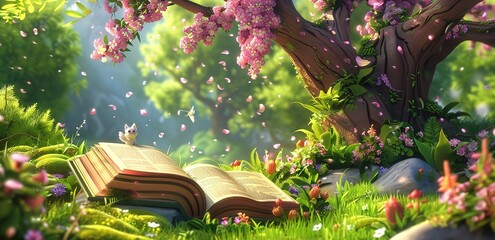 Wall Mural - An open book in a garden with some leaves flying