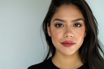 Portrait of a beautiful young Latina woman with long hair and makeup, looking serene on a soft grey background.