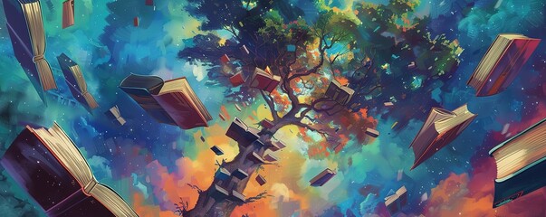 Wall Mural - Illustration of a collection of several floating books and a tree with an abstract sky background