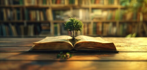 Wall Mural - Illustration of a tree growing well above an open book on a table in a room with a bookshelf in the background