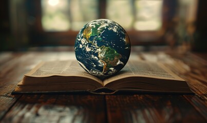 Wall Mural - A globe on top of an open book on a wooden table indoors