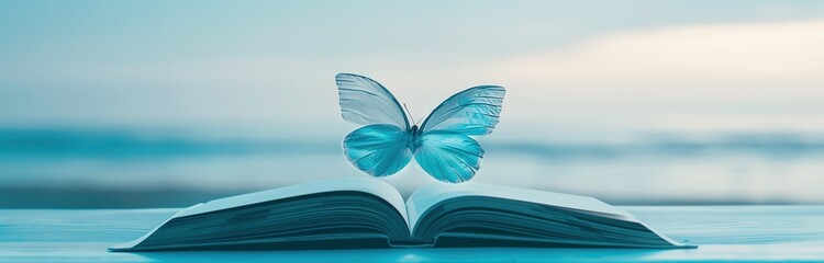 Wall Mural -  A blue butterfly flying over an open book and a blue beach background