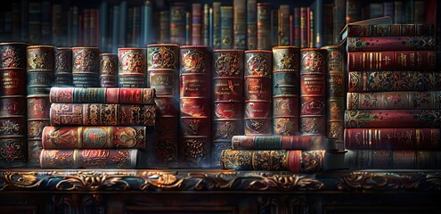 Wall Mural - Collection of worn books on a table in a room