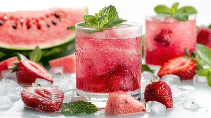 Wall Mural -   A glass of watermelon and mint next to sliced watermelon and mint on ice cubes