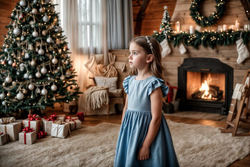 Portrait of child cover girl in blue dress posing at Christmas tree and wigwam, thinking looking away. Face of pensive kid girl 7 year old in children room. Christmas magic concept. Copy ad text space