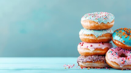   Blue background, stack of doughnuts with sprinkles, each one on top