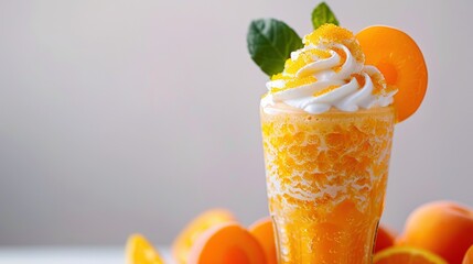  An orange drink topped with whipped cream and adorned with green leaves and fresh oranges on a pristine white background