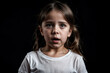 © Alex Vog - Portrait of confused girl child model in white t-shirt expression emotion, scared looking away. Anxious cover kid 6 year old posing at black, studio shot. Kids emotional concept. Copy ad text space