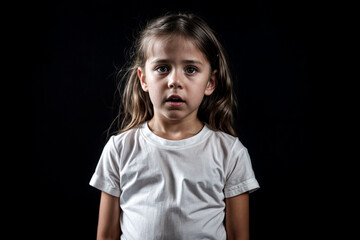 Wall Mural - Portrait of confused girl child model in white t-shirt expression emotion, scared looking away. Anxious cover kid 6 year old posing at black, studio shot. Kids emotional concept. Copy ad text space