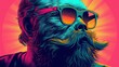 © Sonya - A close-up of a man wearing sunglasses with a beard and mustache against a pink backdrop