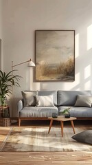 Canvas Print - A cozy modern living room featuring a comfortable gray sofa, a wooden coffee table, a tall indoor plant, and attractive wall art, highlighted by warm, inviting lighting.